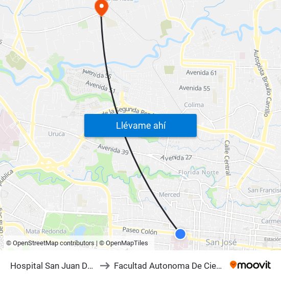 Hospital San Juan De Dios, San José to Facultad Autonoma De Ciencias Odontológicas map