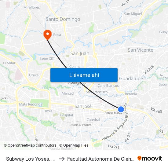 Subway Los Yoses, Montes De Oca to Facultad Autonoma De Ciencias Odontológicas map