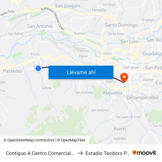 Contiguo A Centro Comercial Santa Ana Town Center to Estadio Teodoro Picado Michalski map