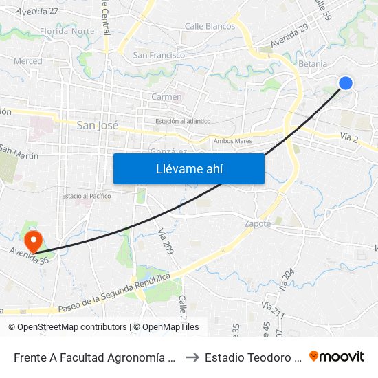 Frente A Facultad Agronomía Campus Ucr, Montes De Oca to Estadio Teodoro Picado Michalski map