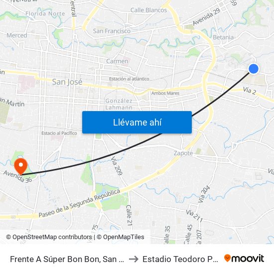 Frente A Súper Bon Bon, San Pedro Montes De Oca to Estadio Teodoro Picado Michalski map