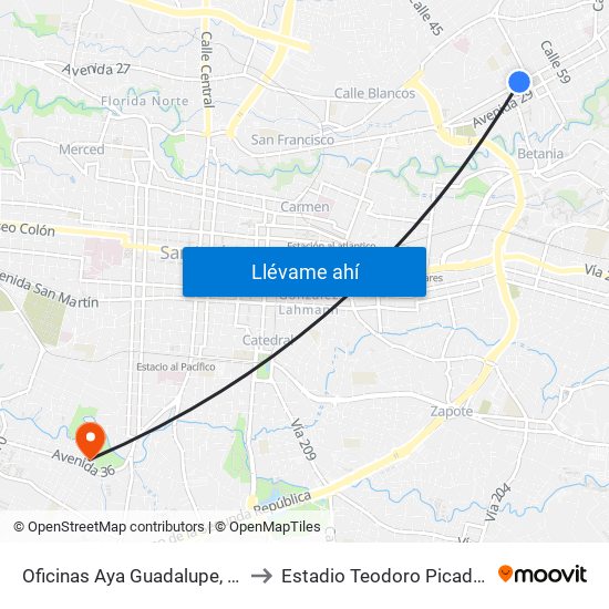 Oficinas Aya Guadalupe, Goicoechea to Estadio Teodoro Picado Michalski map