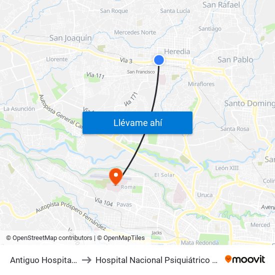 Antiguo Hospital San Vicente De Paul to Hospital Nacional Psiquiátrico Pbro. Manuel Antonio Chapuí Y Torres map