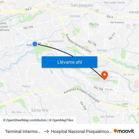 Terminal Intermodal San Antonio De Belén to Hospital Nacional Psiquiátrico Pbro. Manuel Antonio Chapuí Y Torres map