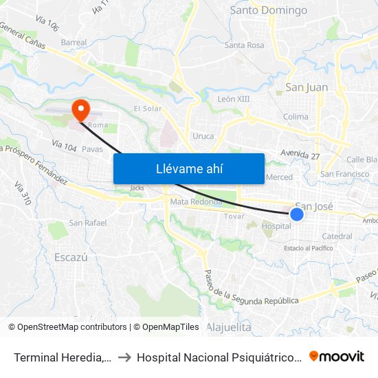 Terminal Heredia, Contiguo A Súper Fácil to Hospital Nacional Psiquiátrico Pbro. Manuel Antonio Chapuí Y Torres map