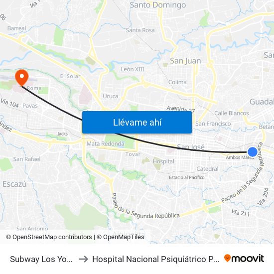 Subway Los Yoses, Montes De Oca to Hospital Nacional Psiquiátrico Pbro. Manuel Antonio Chapuí Y Torres map