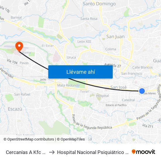 Cercanías A Kfc La California, San José to Hospital Nacional Psiquiátrico Pbro. Manuel Antonio Chapuí Y Torres map