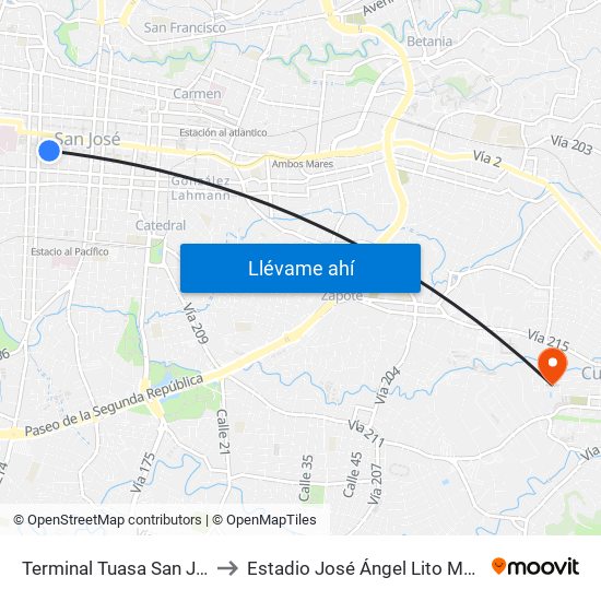 Terminal Tuasa San José to Estadio José Ángel Lito Monge map