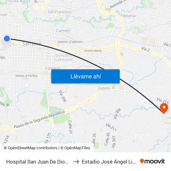 Hospital San Juan De Dios, San José to Estadio José Ángel Lito Monge map