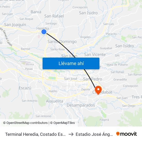 Terminal Heredia, Costado Este Parque El Carmén to Estadio José Ángel Lito Monge map