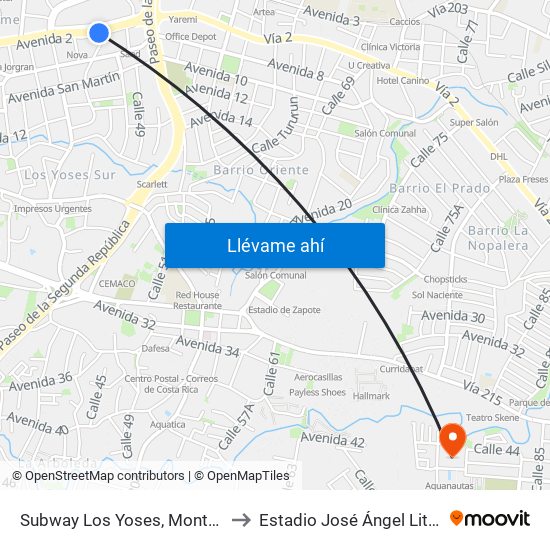 Subway Los Yoses, Montes De Oca to Estadio José Ángel Lito Monge map