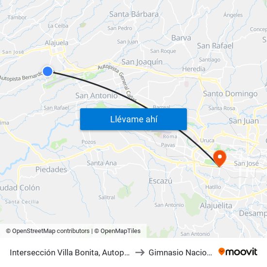 Intersección Villa Bonita, Autopista Bernardo Soto Alajuela to Gimnasio Nacional Eddy Cortés map