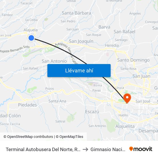 Terminal Autobusera Del Norte, Radial Francisco J. Orlich Alajuela to Gimnasio Nacional Eddy Cortés map