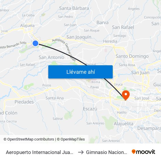 Aeropuerto Internacional Juan Santamaría, Alajuela to Gimnasio Nacional Eddy Cortés map