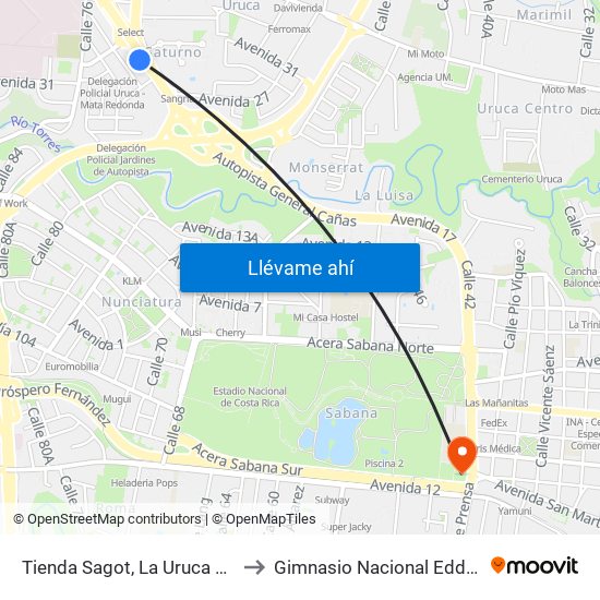 Tienda Sagot, La Uruca San José to Gimnasio Nacional Eddy Cortés map