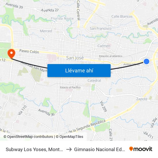 Subway Los Yoses, Montes De Oca to Gimnasio Nacional Eddy Cortés map