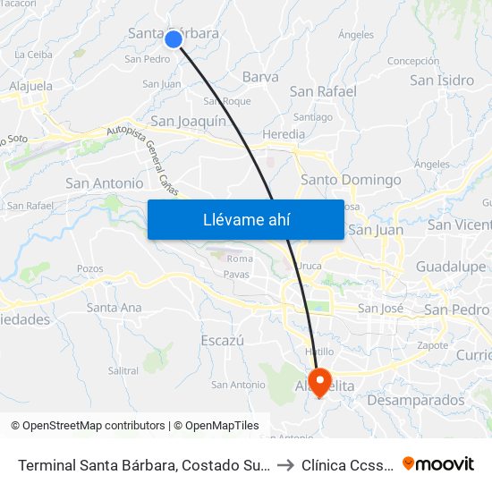 Terminal Santa Bárbara, Costado Sur Parque Santa Bárbara to Clínica Ccss Alajuelita map