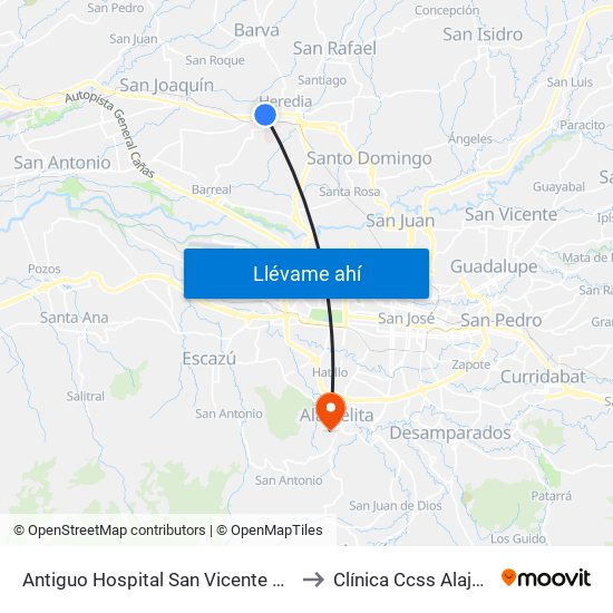 Antiguo Hospital San Vicente De Paul to Clínica Ccss Alajuelita map