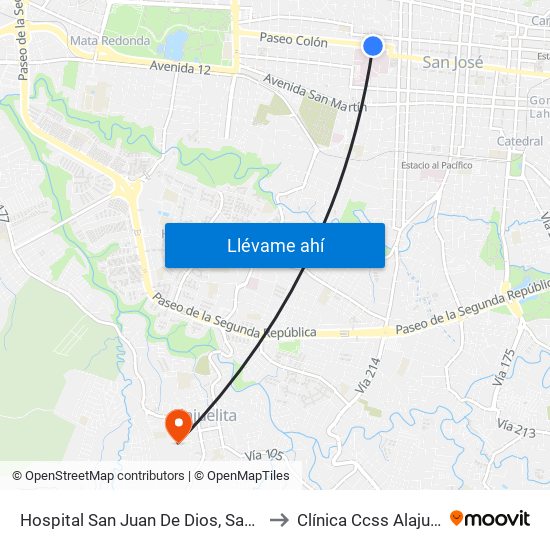 Hospital San Juan De Dios, San José to Clínica Ccss Alajuelita map
