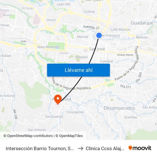 Intersección Barrio Tournon, San José to Clínica Ccss Alajuelita map