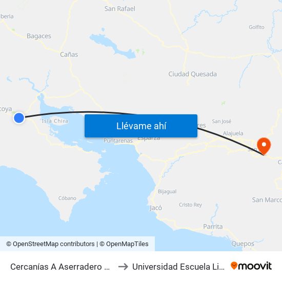Cercanías A Aserradero El Llanero, Nicoya to Universidad Escuela Libre De Derecho map