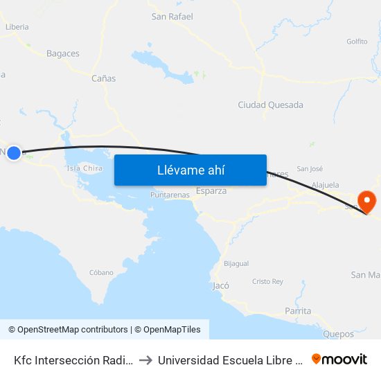 Kfc Intersección Radial Nicoya to Universidad Escuela Libre De Derecho map