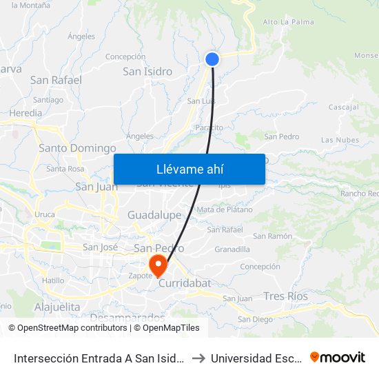 Intersección Entrada A San Isidro, Carretera Braulio Carrillo San Isidro to Universidad Escuela Libre De Derecho map