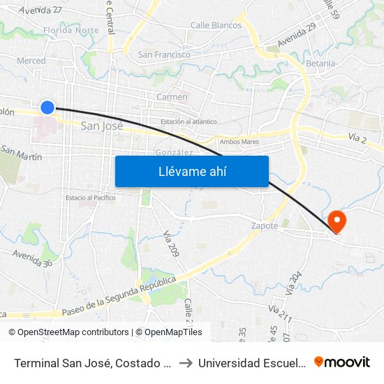 Terminal San José, Costado Sur Mercado La Coca Cola to Universidad Escuela Libre De Derecho map