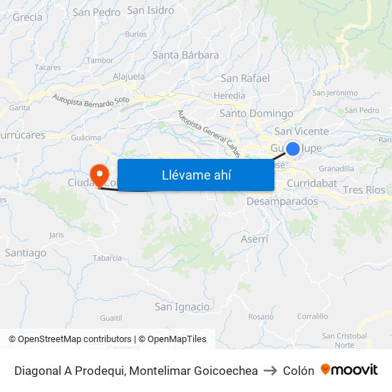 Diagonal A Prodequi, Montelimar Goicoechea to Colón map