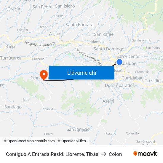 Contiguo A Entrada Resid. Llorente, Tibás to Colón map