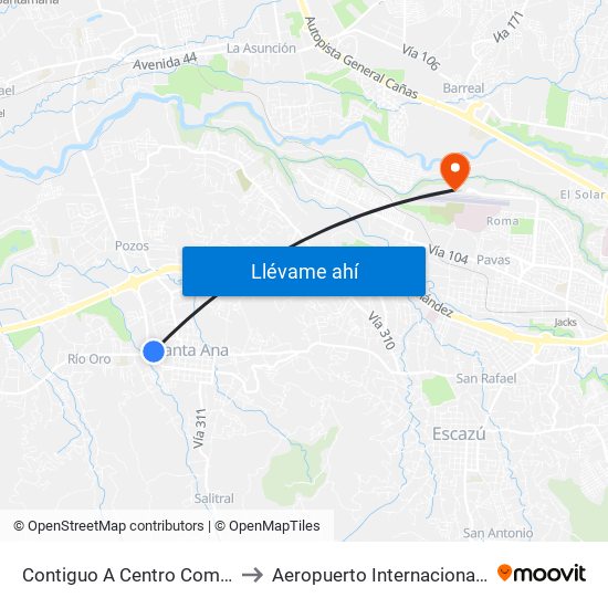 Contiguo A Centro Comercial Santa Ana Town Center to Aeropuerto Internacional Tobías Bolaños Palma (SYQ) map