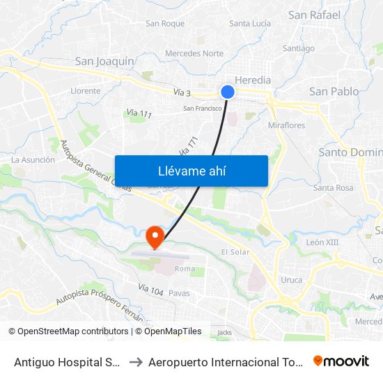 Antiguo Hospital San Vicente De Paul to Aeropuerto Internacional Tobías Bolaños Palma (SYQ) map