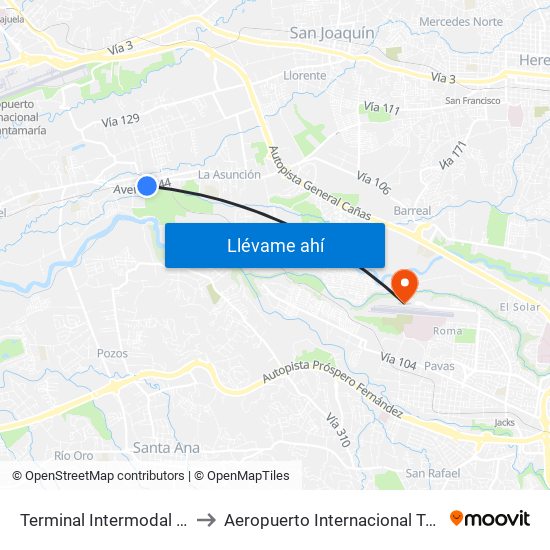 Terminal Intermodal San Antonio De Belén to Aeropuerto Internacional Tobías Bolaños Palma (SYQ) map