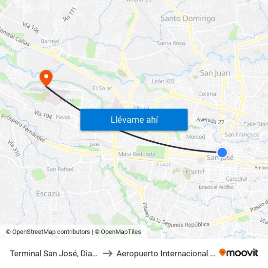 Terminal San José, Diagonal Plazoleta Tiradentes to Aeropuerto Internacional Tobías Bolaños Palma (SYQ) map