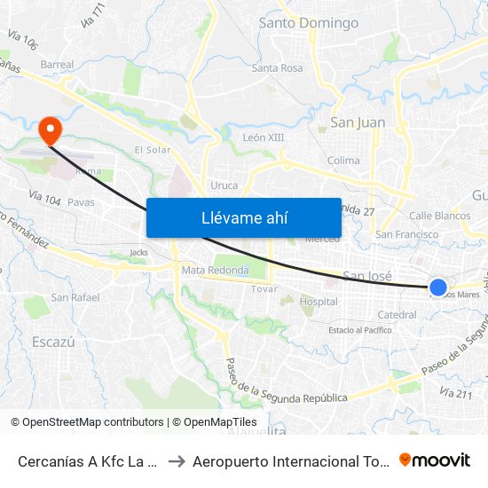 Cercanías A Kfc La California, San José to Aeropuerto Internacional Tobías Bolaños Palma (SYQ) map