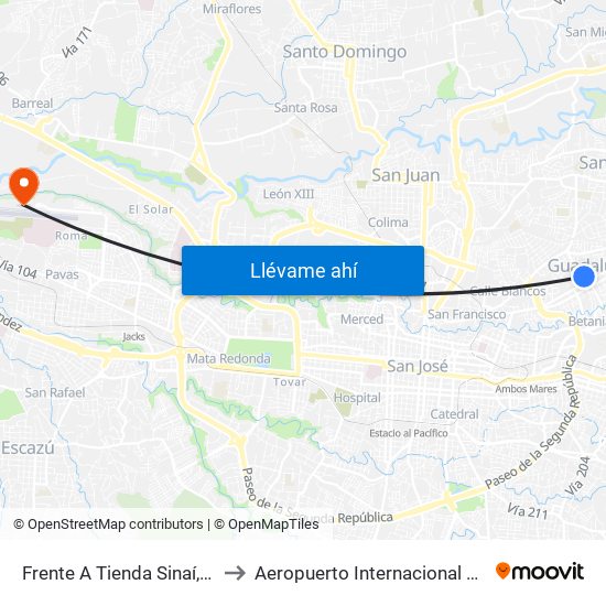 Frente A Tienda Sinaí, Guadalupe Goicoechea to Aeropuerto Internacional Tobías Bolaños Palma (SYQ) map