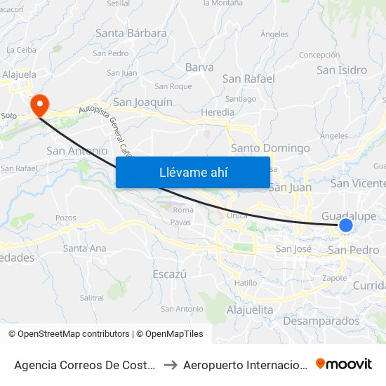 Agencia Correos De Costa Rica Guadalupe, Goicoechea to Aeropuerto Internacional Juan Santamaría (SJO) map