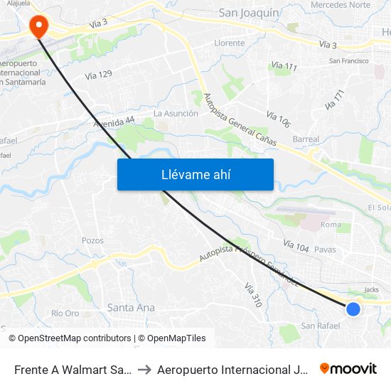 Frente A Walmart San Rafael, Escazú to Aeropuerto Internacional Juan Santamaría (SJO) map