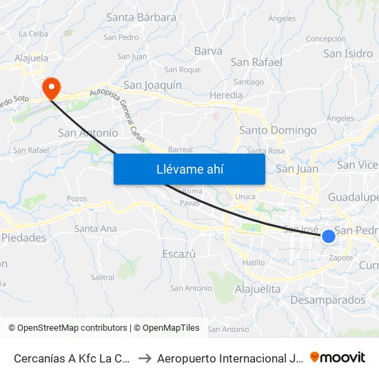 Cercanías A Kfc La California, San José to Aeropuerto Internacional Juan Santamaría (SJO) map