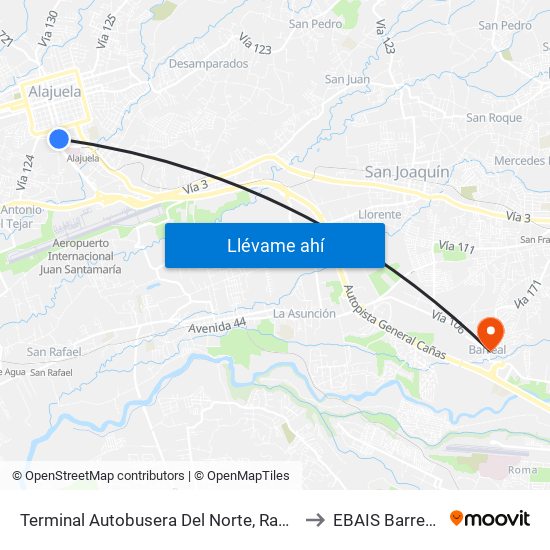 Terminal Autobusera Del Norte, Radial Francisco J. Orlich Alajuela to EBAIS Barreal De Heredia map