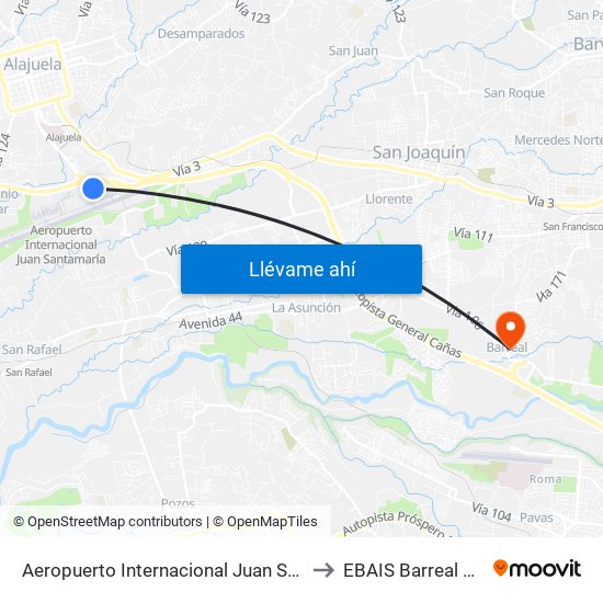 Aeropuerto Internacional Juan Santamaría, Alajuela to EBAIS Barreal De Heredia map