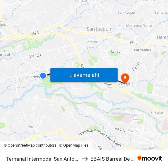 Terminal Intermodal San Antonio De Belén to EBAIS Barreal De Heredia map