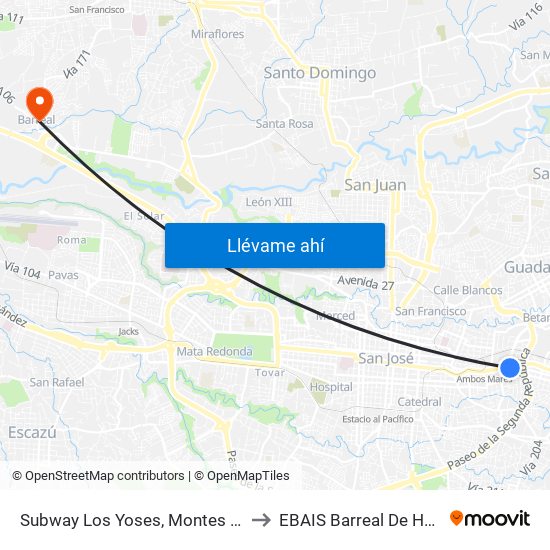 Subway Los Yoses, Montes De Oca to EBAIS Barreal De Heredia map