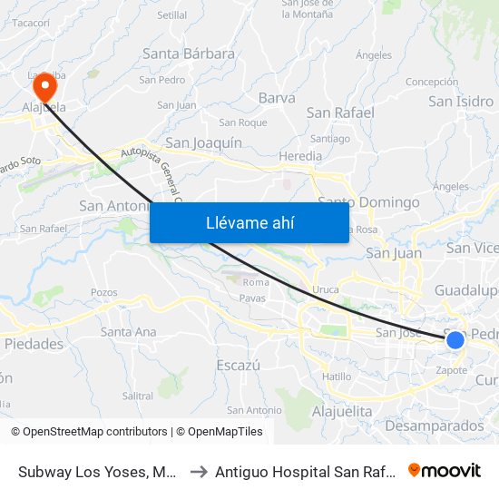 Subway Los Yoses, Montes De Oca to Antiguo Hospital San Rafael de Alajuela map