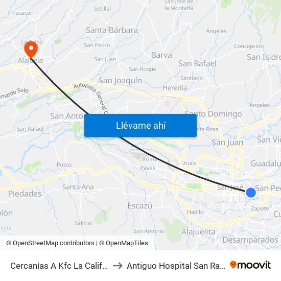 Cercanías A Kfc La California, San José to Antiguo Hospital San Rafael de Alajuela map