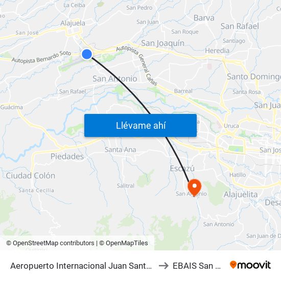 Aeropuerto Internacional Juan Santamaría, Alajuela to EBAIS San Antonio map