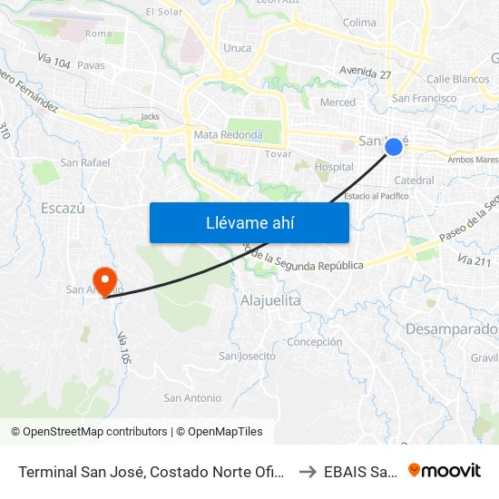 Terminal San José, Costado Norte Oficinas Ministerio De Hacienda to EBAIS San Antonio map