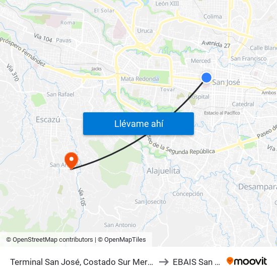 Terminal San José, Costado Sur Mercado La Coca Cola to EBAIS San Antonio map