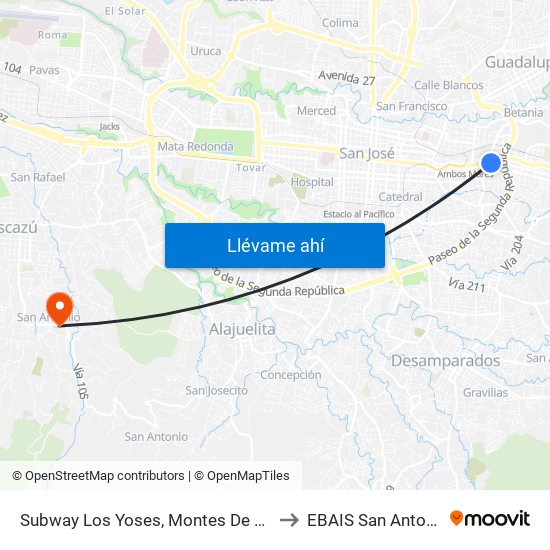 Subway Los Yoses, Montes De Oca to EBAIS San Antonio map