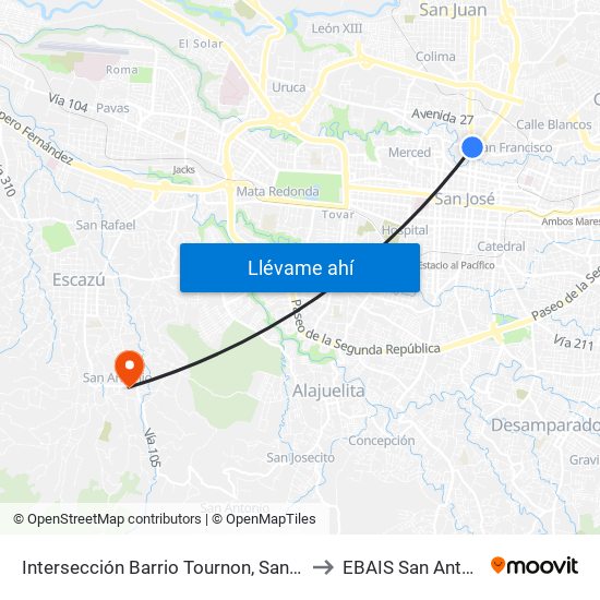 Intersección Barrio Tournon, San José to EBAIS San Antonio map